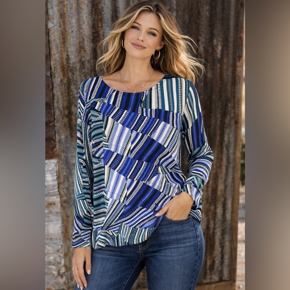 Dana Buchman Women’s Long Sleeve Blue Black Abstract Print- medium